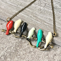 A-SHU COLOURFUL BIRDS ON A BRANCH LONG BIRD NECKLACE WITH ANTIQUE GOLD CHAIN - A-SHU.CO.UK