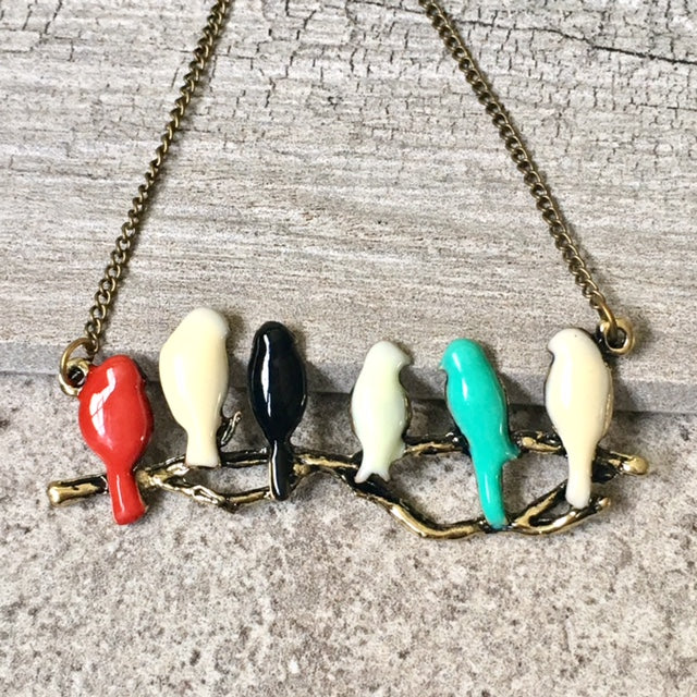 A-SHU COLOURFUL BIRDS ON A BRANCH LONG BIRD NECKLACE WITH ANTIQUE GOLD CHAIN - A-SHU.CO.UK