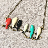 A-SHU COLOURFUL BIRDS ON A BRANCH LONG BIRD NECKLACE WITH ANTIQUE GOLD CHAIN - A-SHU.CO.UK