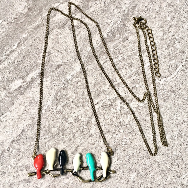 A-SHU COLOURFUL BIRDS ON A BRANCH LONG BIRD NECKLACE WITH ANTIQUE GOLD CHAIN - A-SHU.CO.UK