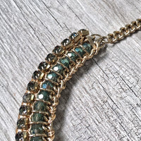 A-SHU DARK BLUE VINTAGE ANTIQUE GOLD DIAMANTE STONE BEADED SHORT CHOKER NECKLACE - A-SHU.CO.UK