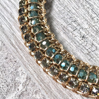A-SHU DARK BLUE VINTAGE ANTIQUE GOLD DIAMANTE STONE BEADED SHORT CHOKER NECKLACE - A-SHU.CO.UK
