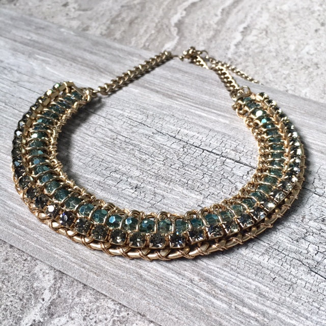 A-SHU DARK BLUE VINTAGE ANTIQUE GOLD DIAMANTE STONE BEADED SHORT CHOKER NECKLACE - A-SHU.CO.UK
