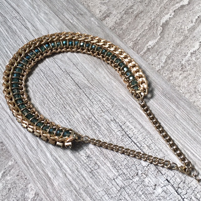 A-SHU DARK BLUE VINTAGE ANTIQUE GOLD DIAMANTE STONE BEADED SHORT CHOKER NECKLACE - A-SHU.CO.UK