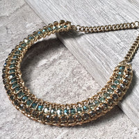 A-SHU DARK BLUE VINTAGE ANTIQUE GOLD DIAMANTE STONE BEADED SHORT CHOKER NECKLACE - A-SHU.CO.UK