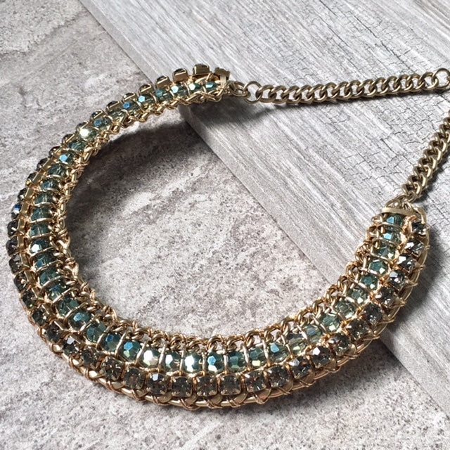 A-SHU DARK BLUE VINTAGE ANTIQUE GOLD DIAMANTE STONE BEADED SHORT CHOKER NECKLACE - A-SHU.CO.UK