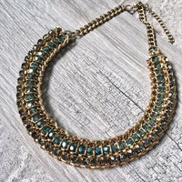 A-SHU DARK BLUE VINTAGE ANTIQUE GOLD DIAMANTE STONE BEADED SHORT CHOKER NECKLACE - A-SHU.CO.UK