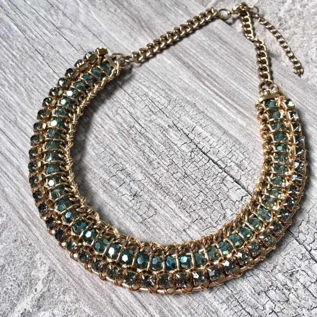A-SHU DARK BLUE VINTAGE ANTIQUE GOLD DIAMANTE STONE BEADED SHORT CHOKER NECKLACE - A-SHU.CO.UK
