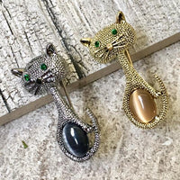 A-SHU ANTIQUE VINTAGE METAL 3-D DIAMANTE GOLD CAT BROOCH - A-SHU.CO.UK