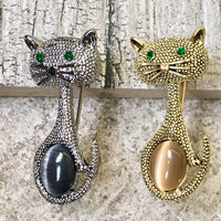 A-SHU VINTAGE METAL 3-D DIAMANTE PEWTER SILVER CAT BROOCH - A-SHU.CO.UK