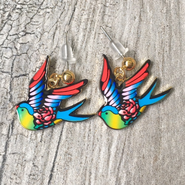 A-SHU MULTI-COLOUR SWALLOW BIRD DANGLE DROP STUD EARRINGS - A-SHU.CO.UK