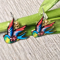 A-SHU MULTI-COLOUR SWALLOW BIRD DANGLE DROP STUD EARRINGS - A-SHU.CO.UK