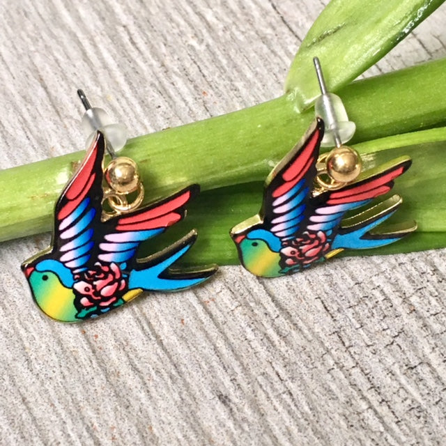 A-SHU MULTI-COLOUR SWALLOW BIRD DANGLE DROP STUD EARRINGS - A-SHU.CO.UK