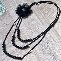 A-SHU LONG BEADED PEARL CORSAGE MULTI-LAYER NECKLACE - BLACK - A-SHU.CO.UK