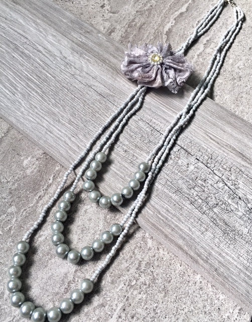 A-SHU LONG BEADED PEARL CORSAGE MULTI-LAYER NECKLACE - SILVER GREY - A-SHU.CO.UK