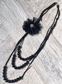 A-SHU LONG BEADED PEARL CORSAGE MULTI-LAYER NECKLACE - BLACK - A-SHU.CO.UK