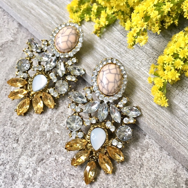 A-SHU LARGE BLUSH PINK MARBLE DIAMANTE DROP EARRINGS - A-SHU.CO.UK