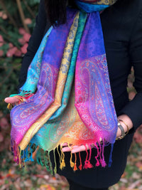 A-SHU LARGE BLUE RAINBOW FLORAL PAISLEY PASHMINA SHAWL SCARF - A-SHU.CO.UK