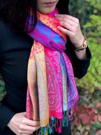 A-SHU LARGE FUSCHIA PINK RAINBOW FLORAL PAISLEY PASHMINA SHAWL SCARF - A-SHU.CO.UK