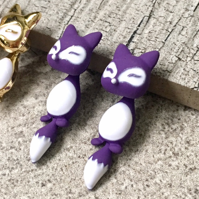 A-SHU LIGHTWEIGHT PURPLE DANGLE DROP FOX STUD EARRINGS - A-SHU.CO.UK