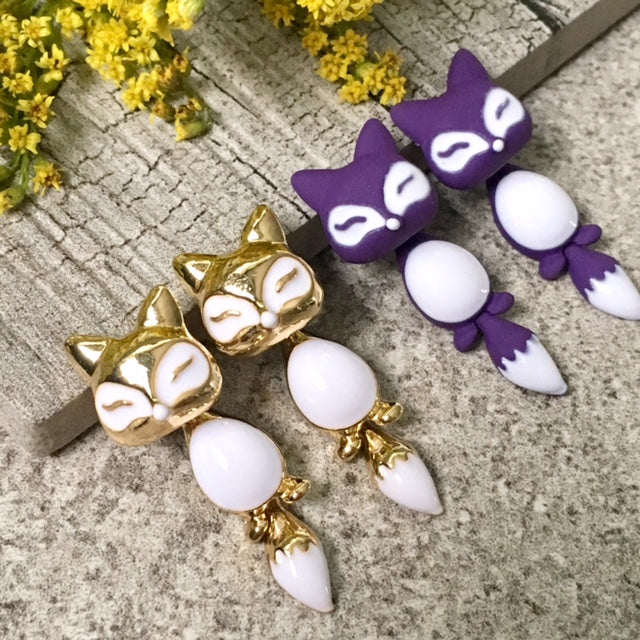 A-SHU LIGHTWEIGHT PURPLE DANGLE DROP FOX STUD EARRINGS - A-SHU.CO.UK