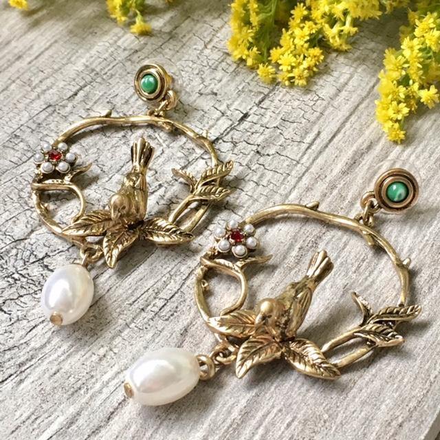 A-SHU ANTIQUE VINTAGE GOLD BIRD DANGLE DROP LOOP EARRINGS - A-SHU.CO.UK