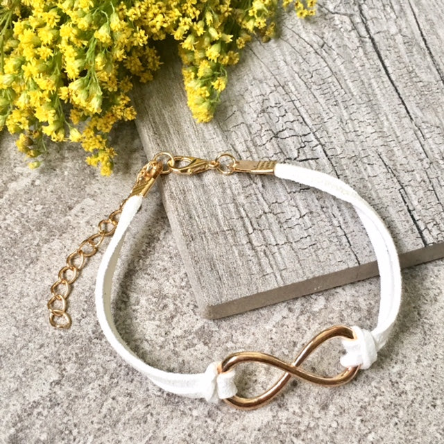 A-SHU WHITE GENUINE SUEDE LEATHER INFINITY BRACELET / ETERNITY FRIENDSHIP BAND - A-SHU.CO.UK