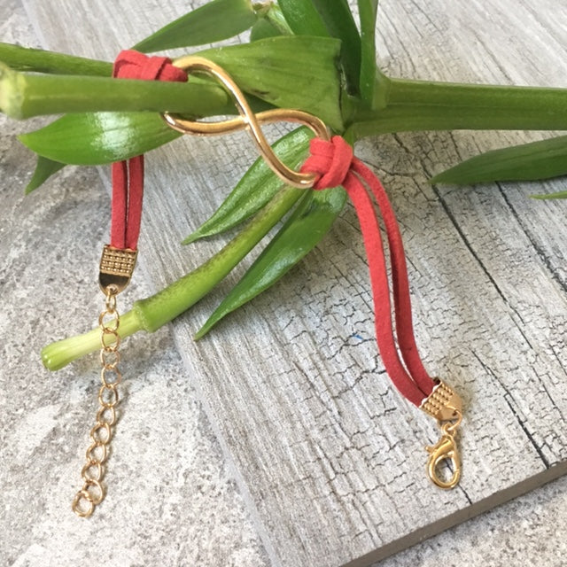 A-SHU RED GENUINE SUEDE LEATHER INFINITY BRACELET / ETERNITY FRIENDSHIP BAND - A-SHU.CO.UK