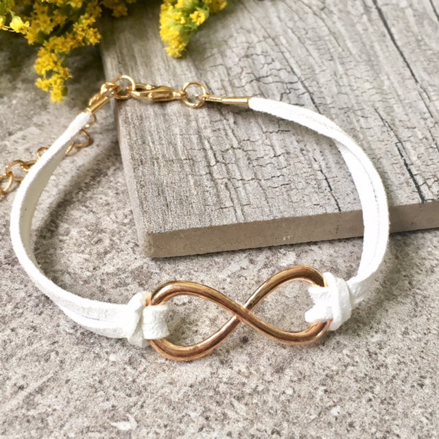 A-SHU WHITE GENUINE SUEDE LEATHER INFINITY BRACELET / ETERNITY FRIENDSHIP BAND - A-SHU.CO.UK