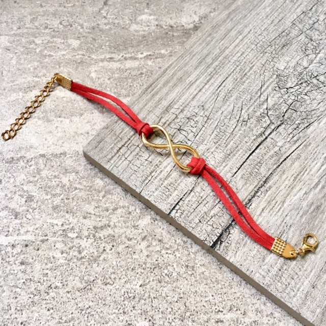 A-SHU RED GENUINE SUEDE LEATHER INFINITY BRACELET / ETERNITY FRIENDSHIP BAND - A-SHU.CO.UK
