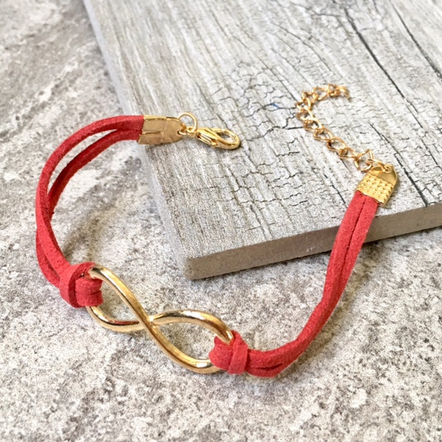 A-SHU RED GENUINE SUEDE LEATHER INFINITY BRACELET / ETERNITY FRIENDSHIP BAND - A-SHU.CO.UK