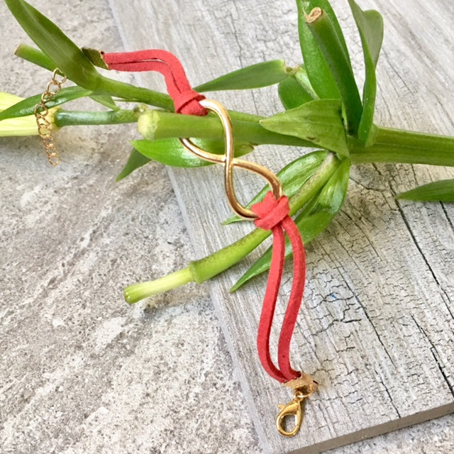 A-SHU RED GENUINE SUEDE LEATHER INFINITY BRACELET / ETERNITY FRIENDSHIP BAND - A-SHU.CO.UK