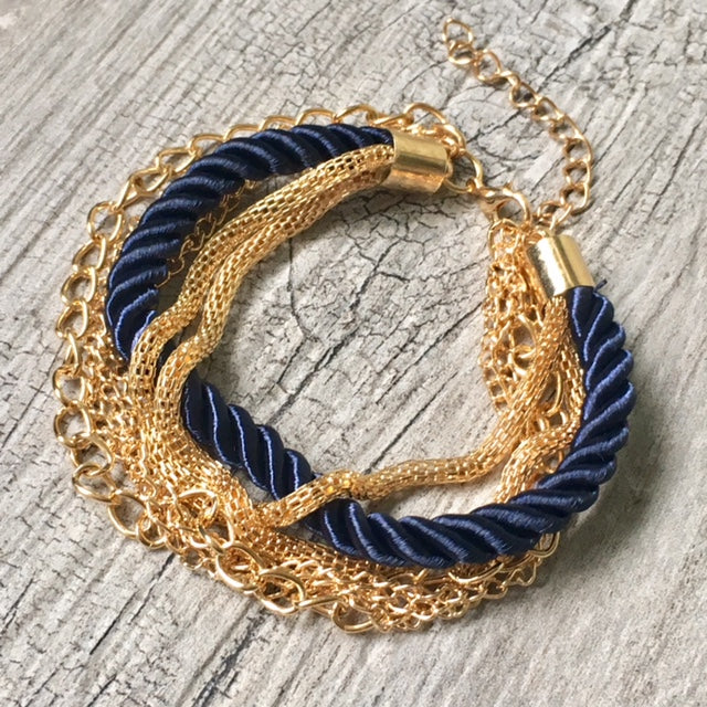 A-SHU GOLD CHAIN MULTI-LAYER NAVY BLUE BRAIDED ROPE NAUTICAL BRACELET - A-SHU.CO.UK