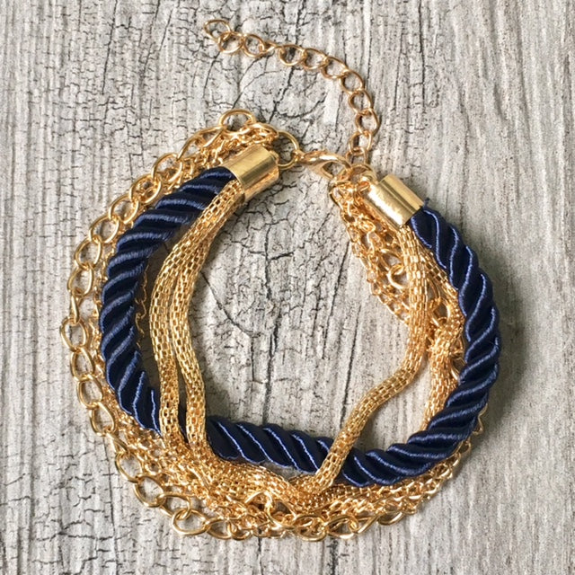 A-SHU GOLD CHAIN MULTI-LAYER NAVY BLUE BRAIDED ROPE NAUTICAL BRACELET - A-SHU.CO.UK