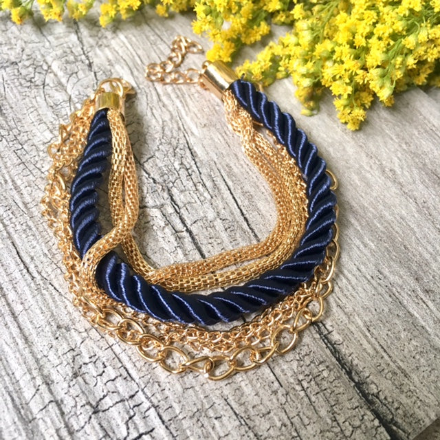 A-SHU GOLD CHAIN MULTI-LAYER NAVY BLUE BRAIDED ROPE NAUTICAL BRACELET - A-SHU.CO.UK