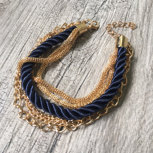 A-SHU GOLD CHAIN MULTI-LAYER NAVY BLUE BRAIDED ROPE NAUTICAL BRACELET - A-SHU.CO.UK
