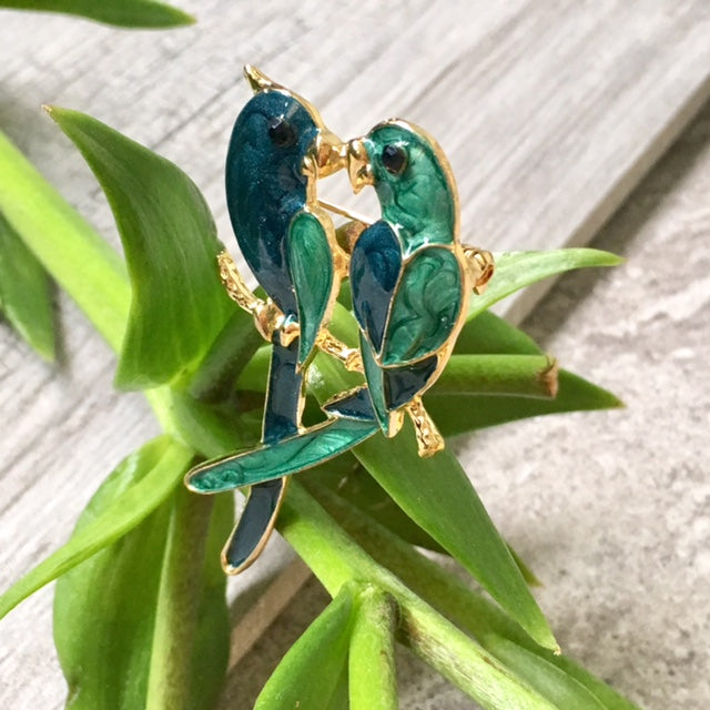 A-SHU TURQUOISE GREEN PAIR OF PARROTS 3-D BROOCH PIN - A-SHU.CO.UK