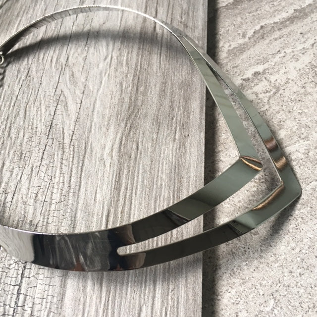 A-SHU SHORT GEOMETRIC COLLAR SILVER MULTI LAYER METAL CHOKER NECKLACE - A-SHU.CO.UK