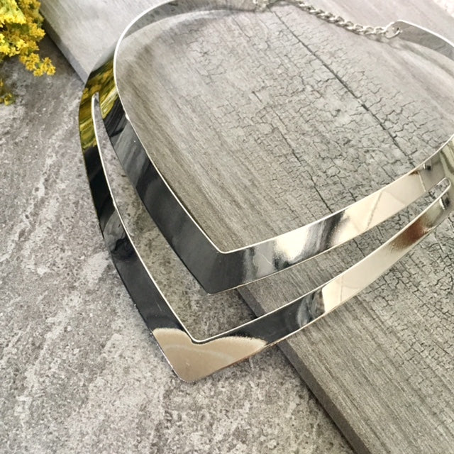 A-SHU SHORT GEOMETRIC COLLAR SILVER MULTI LAYER METAL CHOKER NECKLACE - A-SHU.CO.UK