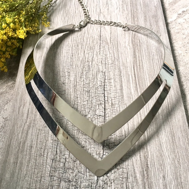 A-SHU SHORT GEOMETRIC COLLAR SILVER MULTI LAYER METAL CHOKER NECKLACE - A-SHU.CO.UK