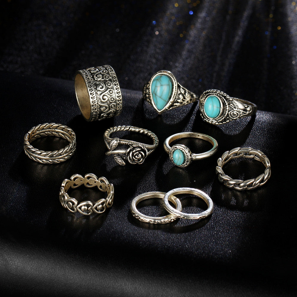 A-SHU TIBETAN VINTAGE INSPIRED 10 PCS RING SET - SILVER - A-SHU.CO.UK