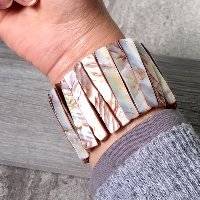 A-SHU ABALONE SHIMMERING SEA SHELL WIDE CUFF BEACH BRACELET - A-SHU.CO.UK