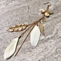 A-SHU LONG BOHO INSPIRED LIGHTWEIGHT CREAM FEATHER BEADED EARRINGS - A-SHU.CO.UK