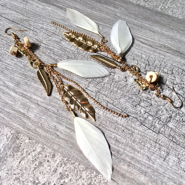 A-SHU LONG BOHO INSPIRED LIGHTWEIGHT CREAM FEATHER BEADED EARRINGS - A-SHU.CO.UK